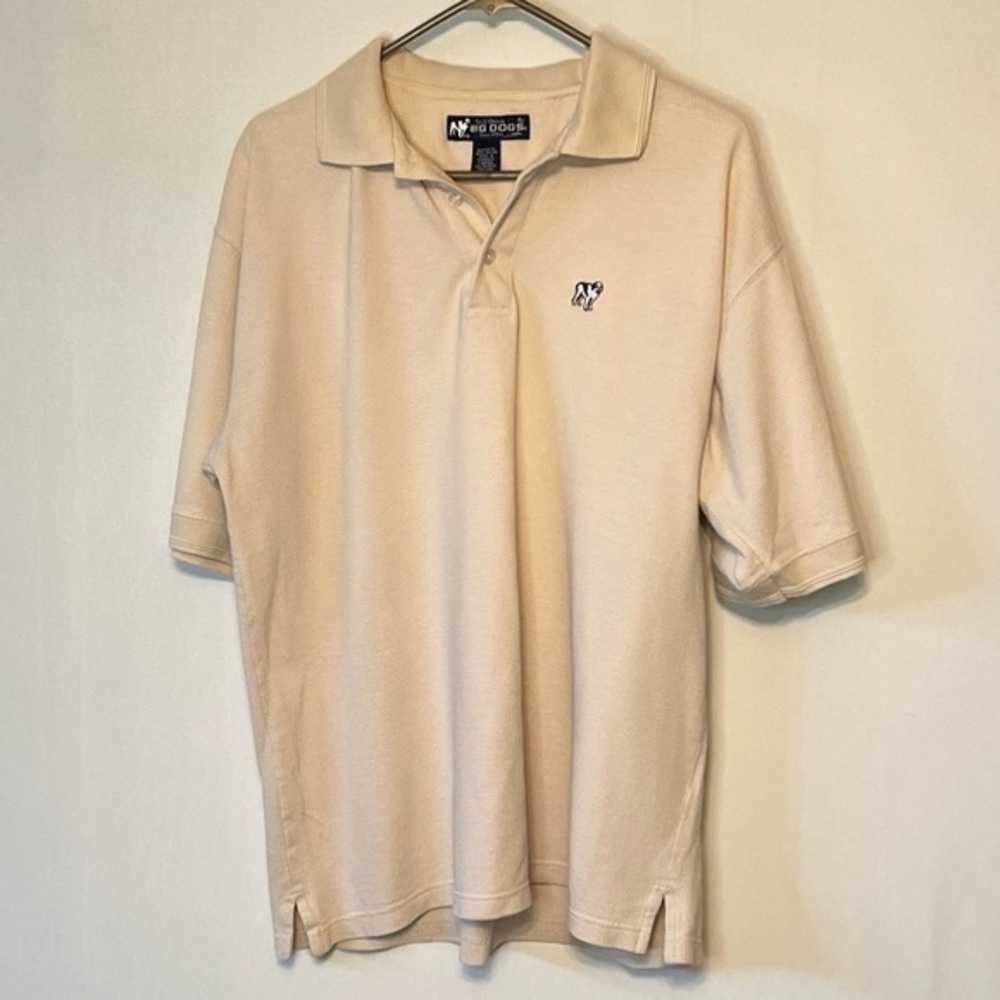 Big Dogs Mens Large Shirt Beige Polo 3 Button Pullover 100% Cotton.